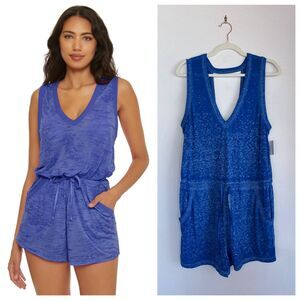 NWT BECCA Women's Beach Date Romper Cover Up with Pockets in Ultramarine Blue M